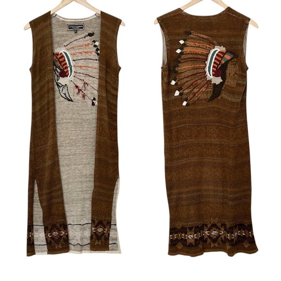 Double D Ranch Embroidered Native American Chief Western Cardigan Vest Duster S - Picture 4 of 15